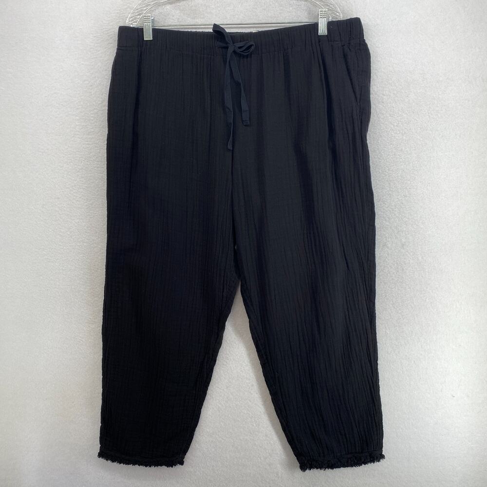 EILEEN FISHER Pants L Organic Cotton Crinkle Gauze Tapered Ankle Pull On Black